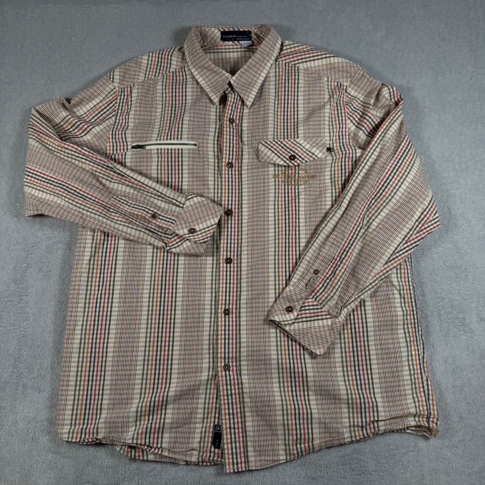 Rocawear Button Down Shirt Mens 2XL Tan Plaid Long Sleeve Zip Pocket 481A064422